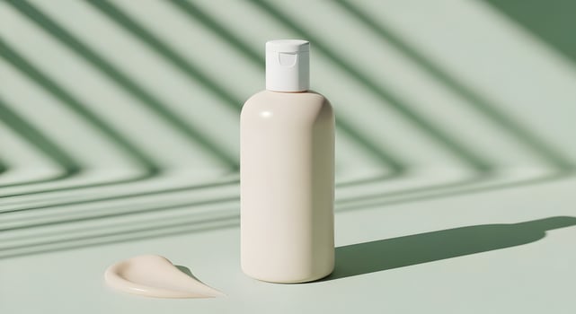 Minimalist Beige Cosmetic Bottle with Cream Drop on Soft Green Background photo