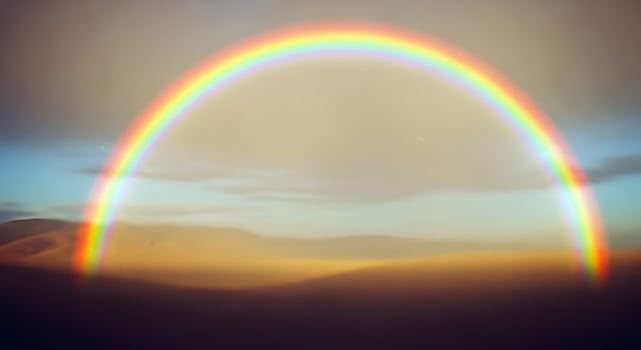 A rainbow is seen in the sky over a desert photo