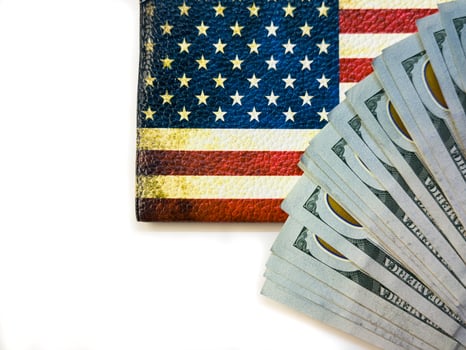 US flag and dollars, cash, dollars, US passport, US visa, travel to the US, money, cash, USA photo