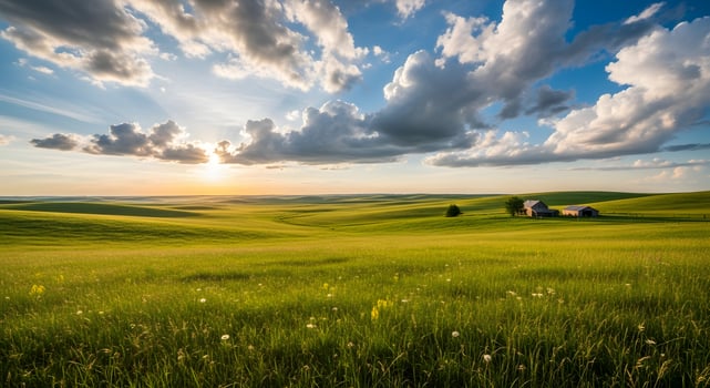 Sunset over green fields and clouds photo