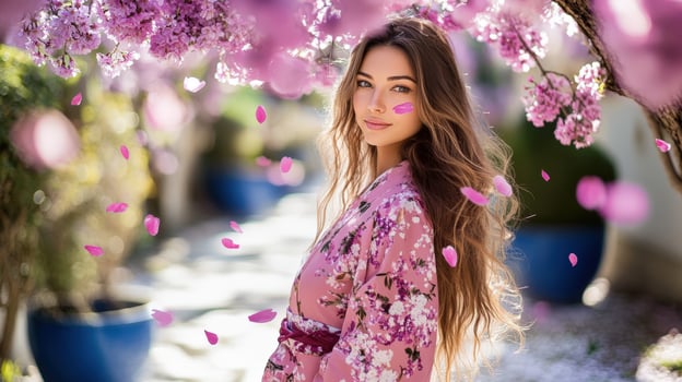 Beautiful woman in pink kimono posing in front of cherry blossoms photo