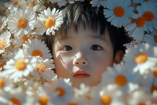A young boy is surrounded by white and yellow daisies photo