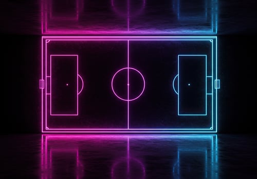 A neon soccer field glows with pink and blue lines on a dark reflective surface photo