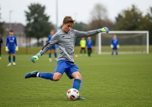 A young soccer player kicks the ball during a practice session photo