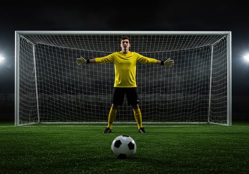 A soccer goalkeeper stands ready in front of the goal with a ball photo
