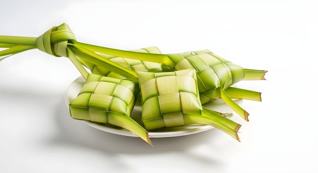 A bowl of green rice wrapped in banana leaves photo