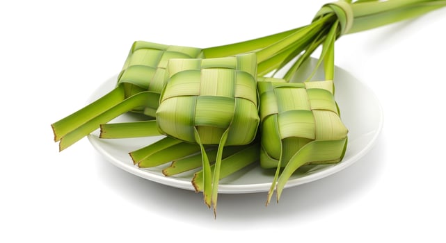 A bowl of green rice with bamboo sticks photo