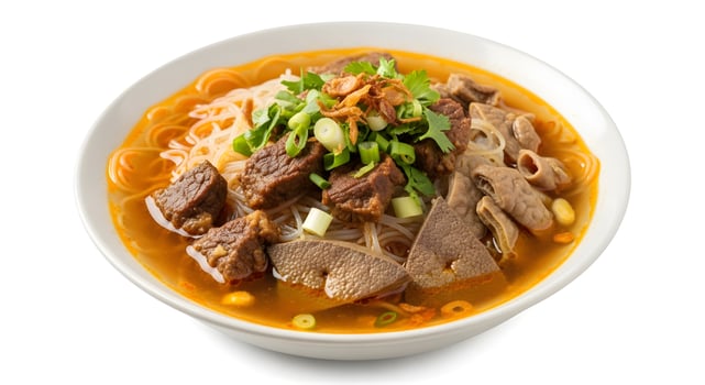 A bowl of beef and noodles with a green onion photo