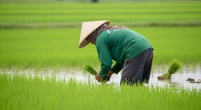 A man in a green shirt and hat is working in a rice field photo
