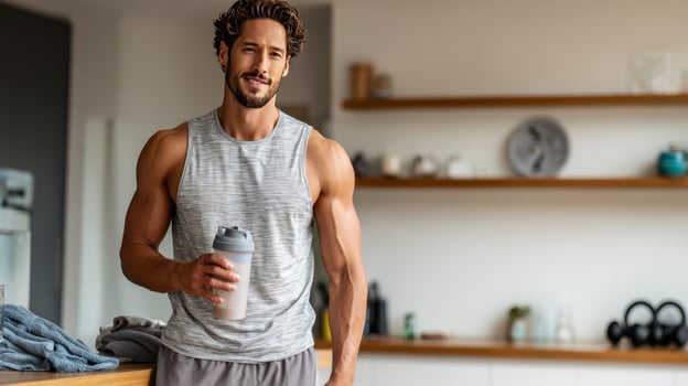 A fit man stands in a contemporary kitchen, holding a protein shake. Gym equipment is neatly arranged in the background, reflecting his active lifestyle and dedication to fitness. photo