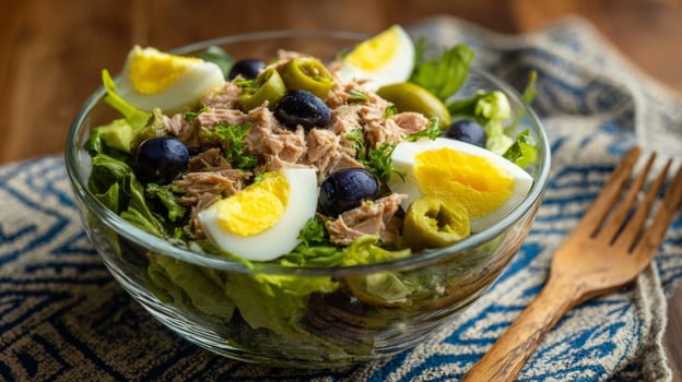 Tuna salad with greens and eggs photo