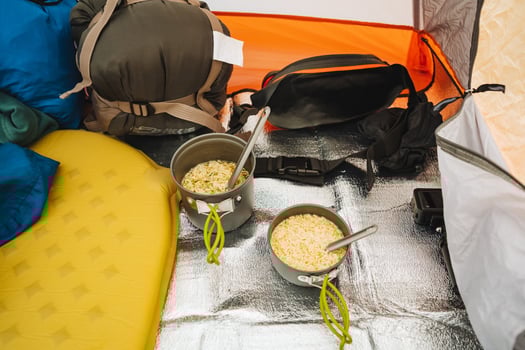 Two bowls of food are sitting on the ground in a tent photo