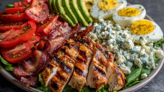 Grilled chicken salad with vegetables and eggs photo