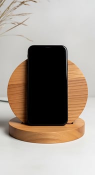 Phone Resting on Stylish Wooden Stand Capturing Modern Simplicity and Design Elements in Home Decor With a Touch of photo