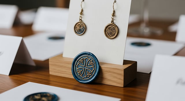 Antique Gold Cross Earrings and a Blue Wax Seal on Display Evoking Vintage Elegance and Craftsmanship at an Intimate photo