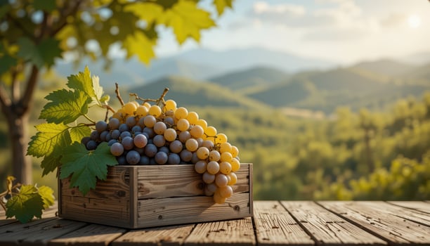 Fresh grapes in a wooden box photo