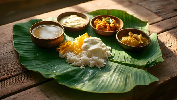 A traditional Onam Sadya served on a banana leaf. The meal includes rice, curry, and various side dishes in small bowls. The setting is rustic and warm. photo