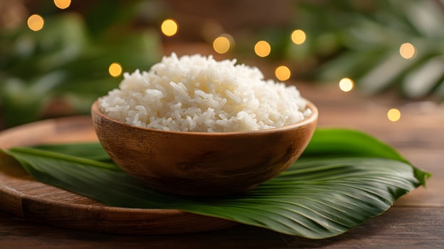 Bowl of white rice on a wooden surface photo