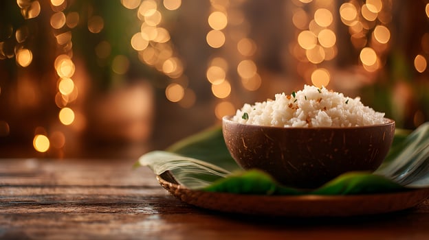 Bowl of rice with bokeh lights photo
