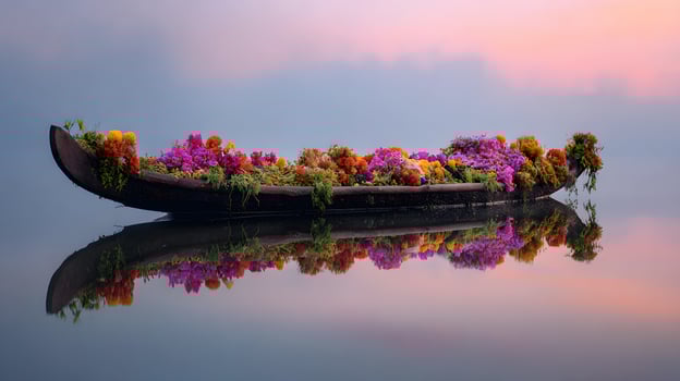A traditional Vallam Kali boat adorned with vibrant flowers floats on calm waters during Onam in Kerala, India. The scene captures the essence of this festive celebration. photo
