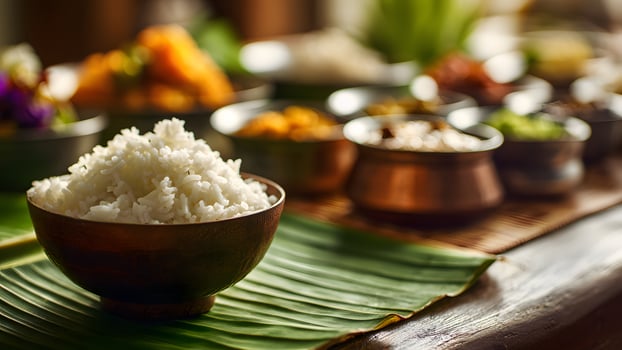 Bowl of rice with Indian side dishes photo