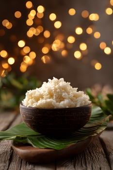Cooked rice in a wooden bowl photo