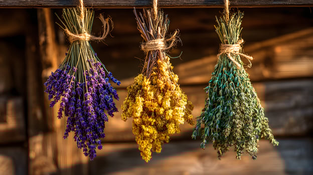 Three bundles of dried herbs hanging photo