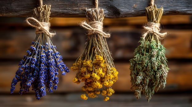 Three bundles of dried herbs photo