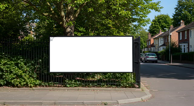 Empty White Banner on Fence in Suburban Residential Area photo