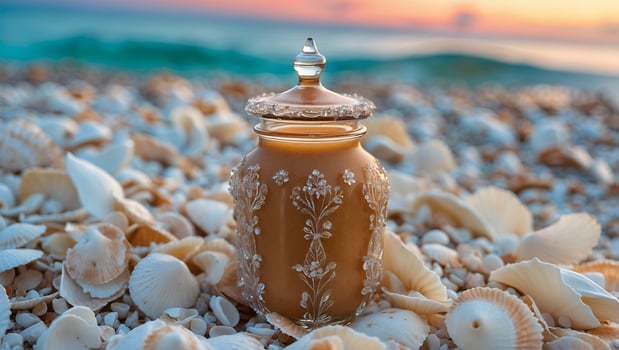 Decorative Jar on Beach with Seashells and Ocean Background photo