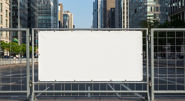 Blank White Banner on Fence at Urban Construction Site photo
