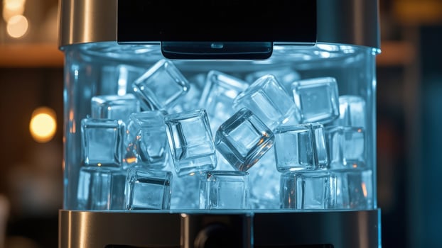 Close up of a clear ice machine filled with square ice cubes illuminated with blue light in a bar setting photo