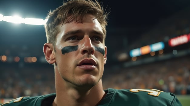 Close-up portrait of male football player with war paint, focused expression during a game, blurred stadium background photo