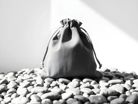 A black and white photo of a bag sitting on a pile of rocks