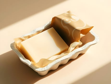 A soap bar in a white container on a table photo
