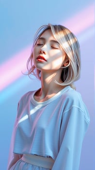 Tranquil portrait of a young woman with blonde bob haircut, eyes closed, basking in soft pastel lighting with pink and blue hues in a serene studio setting photo
