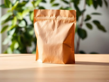 Kraft Paper Pouch on Wooden Surface with Green Background photo