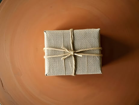 A gift wrapped in brown cloth on a brown plate photo