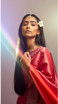 Elegant Indian woman in a wired red saree with traditional jewelry and flower in hair, posing gracefully with a soft lens flare and serene expression photo