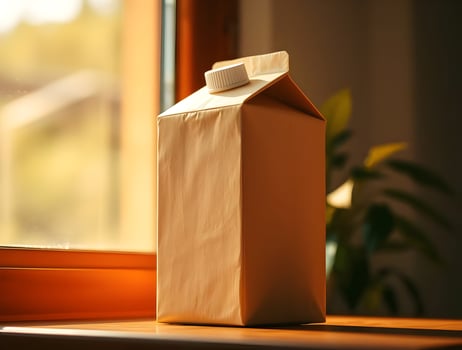 Blank Carton of Milk or Juice on Windowsill Product Packaging Branding and Sustainable Design Concept photo
