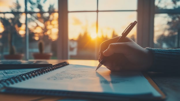 peaceful home environment with person writing at sunset photo