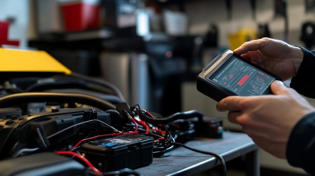 Diagnosing car engine issues with diagnostic tool in garage setting photo