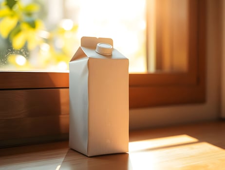 Sunlight Illuminates Blank Carton Package on Wooden Surface photo