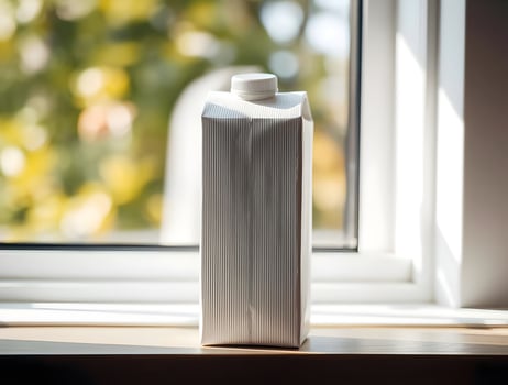 A white milk carton sitting on a window sill photo