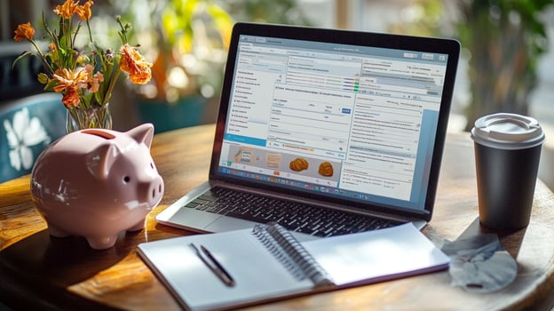 piggy bank next to laptop with financial documents and notebook photo