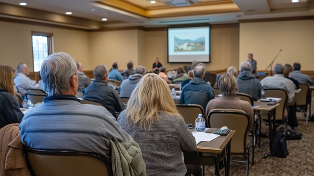 Real estate investment seminar with speakers and engaged audience members photo