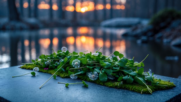 Dandelion Seeds and Greenery on Moss by Lake with Sunset photo
