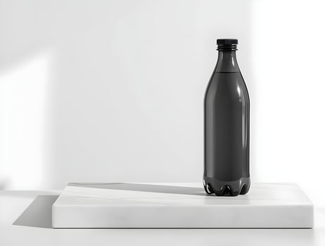 A black bottle sitting on a white table photo