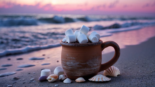 Enjoying Hot Chocolate with Marshmallows by Ocean at Sunset photo