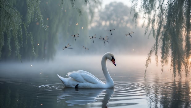 Swan Swimming on Misty Lake with Dragonflies in Peaceful Scene photo